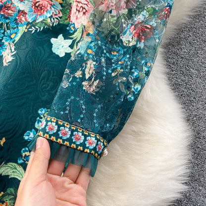 French Green High Neck Lace Stitching Beaded Floral Print Long Sleeve Dress AR1014 shopify