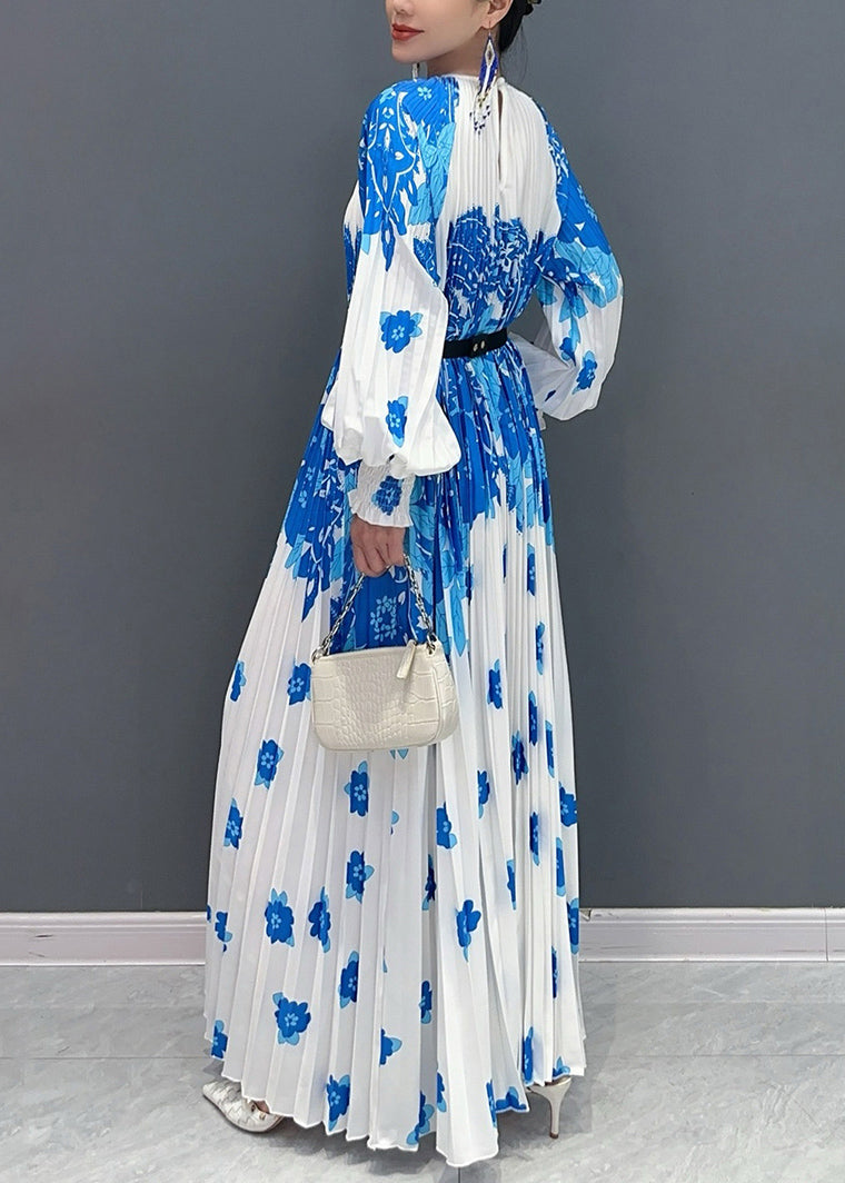 Style White Blue O Neck Print Wrinkled Long Dresses Petal Sleeve AO1001 JDML-FDL240909