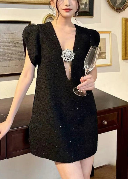 French Black V Neck Zircon Cotton Mid Dress Summer QP034 OL-SDM241001