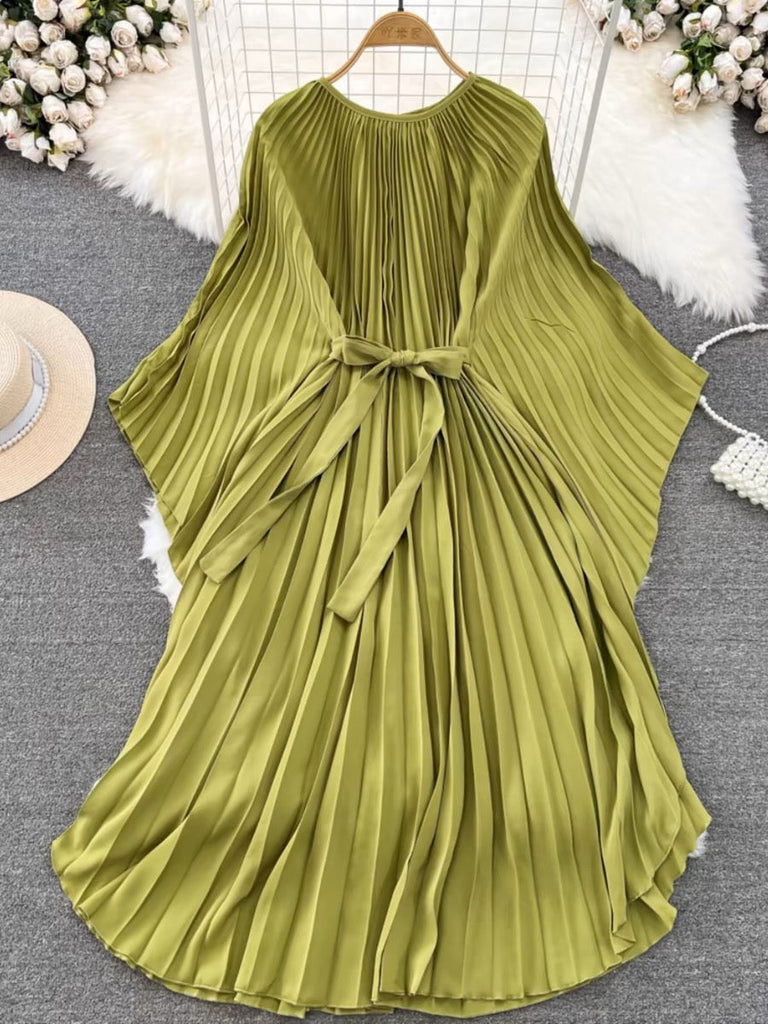 Elegant Round Neck Green Batwing Sleeve Lace-up Pleated Dress AZ1007 Genistyle Shop