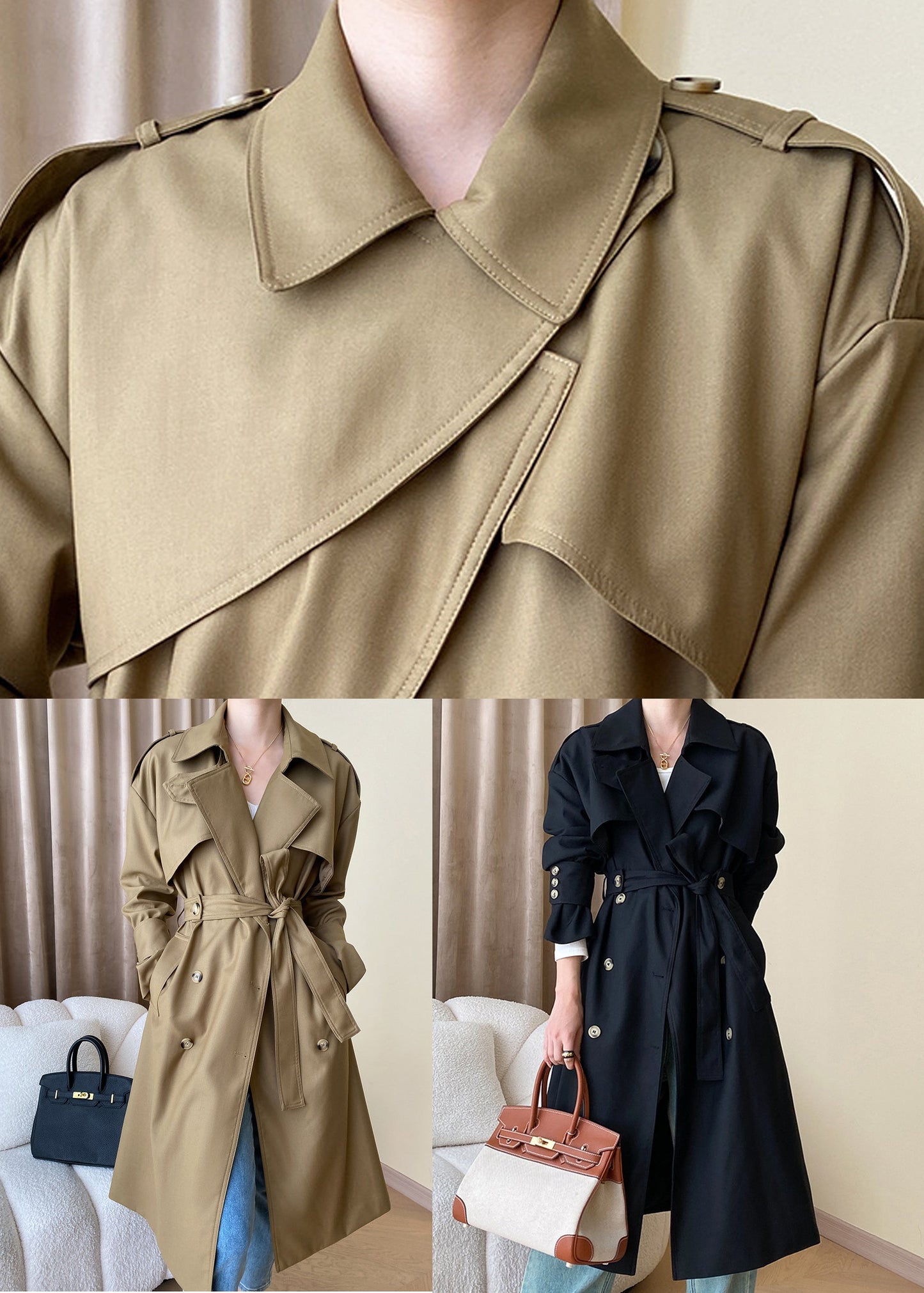 Loose Khaki Pockets Tie Waist Cotton Trench Coat Long Sleeve AF1093 HS-TCT240914