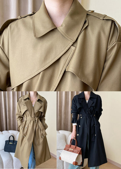 Loose Khaki Pockets Tie Waist Cotton Trench Coat Long Sleeve AF1093 HS-TCT240914