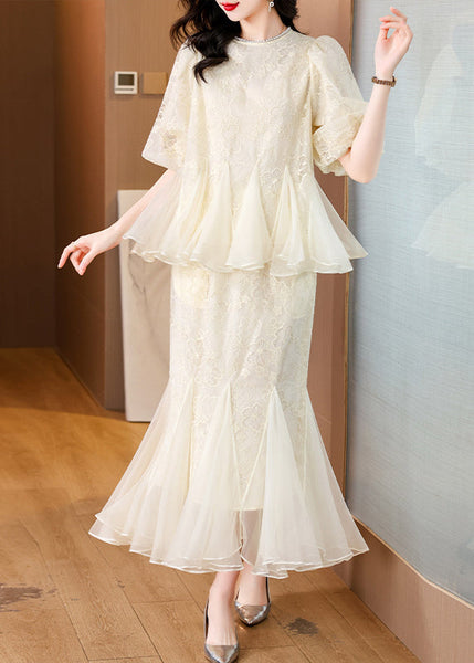 Embroidered Silk Chic And Fishtail Two Skirt Tops Beige Pieces FashionChic