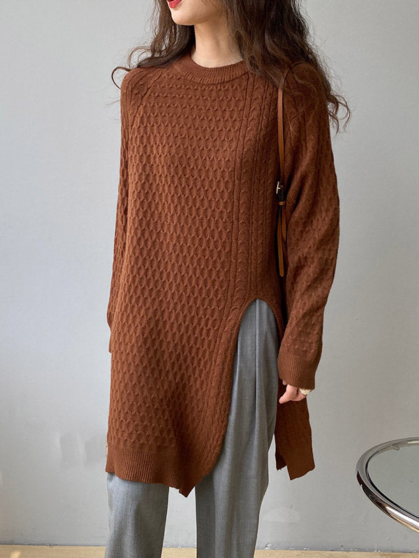 Retro Oatmeal Round-Neck Split-Side Long Sleeve Twist Knit Sweater AN1045 Genistyle Shop