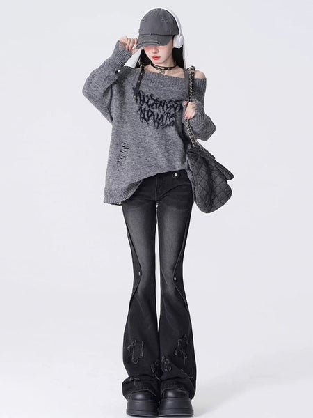 with Appliques Y2K Flare Blue/Black Jeans Star Silhouette FashionChic