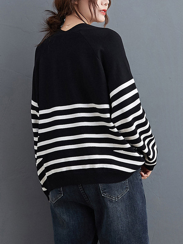 Casual Loose Black V-Neck Contrast Color Striped Long Sleeve Knit Sweater AN1035 Genistyle Shop