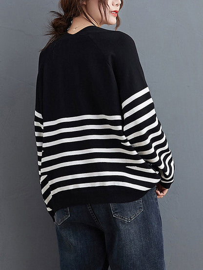 Casual Loose Black V-Neck Contrast Color Striped Long Sleeve Knit Sweater AN1035 Genistyle Shop