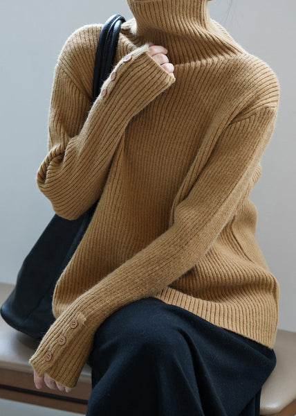 Boutique Camel Hign Neck Button Thick Knit Sweaters Fall AF1067 HS-NTP240914