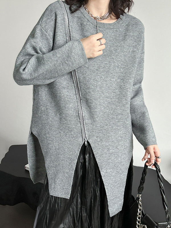 Street Grey Round-neck Zipper Decor Irregular High-low Hem Long Sleeve Sweater AN1067 Genistyle Shop