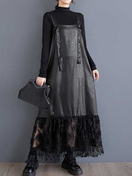 Elegant Black Square Collar Jacquard Patchwork Lace Ruffled Hem Suspender Dress TW010 ABC