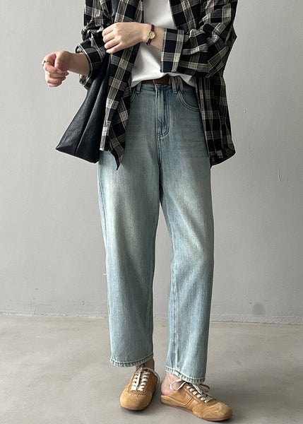 Simple Light Blue High Waist Pockets Denim Straight Pants Fall WD017 HS-LPTS241103