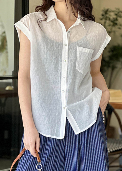 White Pockets Silk Cotton Blouses Peter Pan Collar Short Sleeve AF1003 HS-STP240914