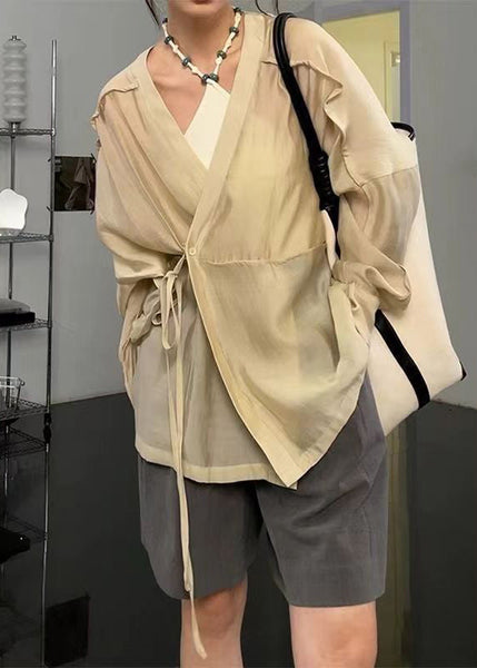 French Apricot V Neck Lace Up Silk Cotton Blouse Long Sleeve EE022 shopify