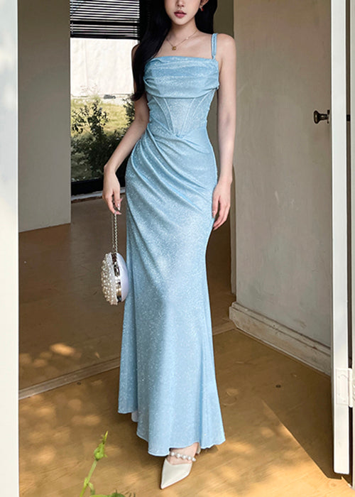 Strap Dinner Spaghetti Design Original Blue Wrinkled Dress FashionChic
