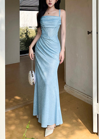 Strap Dinner Spaghetti Design Original Blue Wrinkled Dress FashionChic