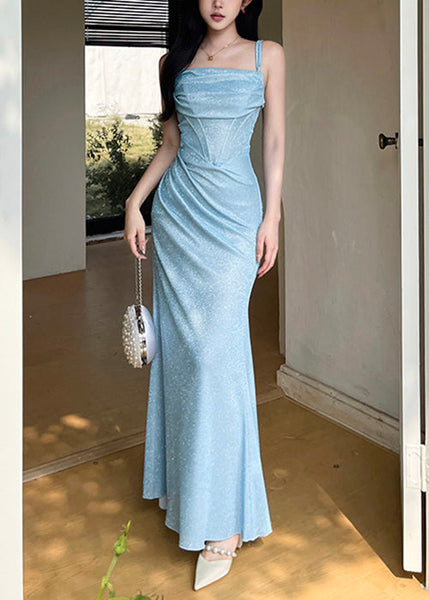 Strap Dinner Spaghetti Design Original Blue Wrinkled Dress FashionChic