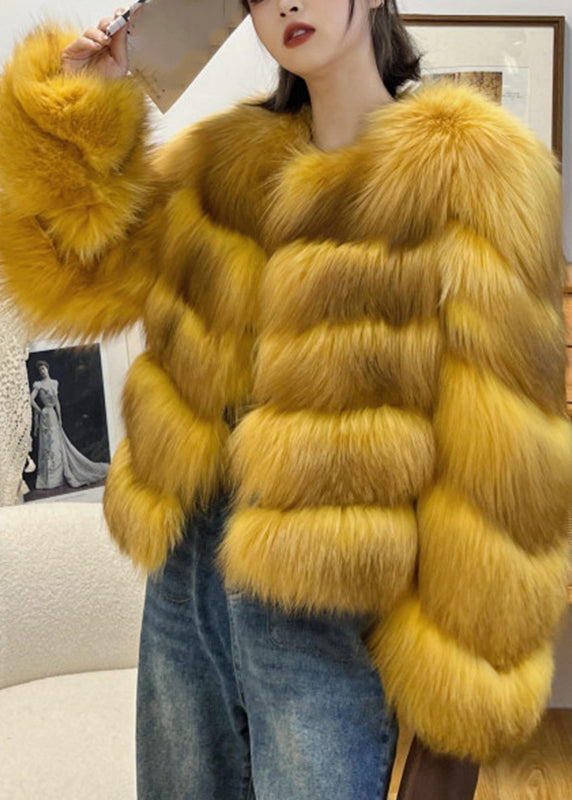 Classy Yellow Fox Collar Leather And Fur Coats Winter WV031 ABC