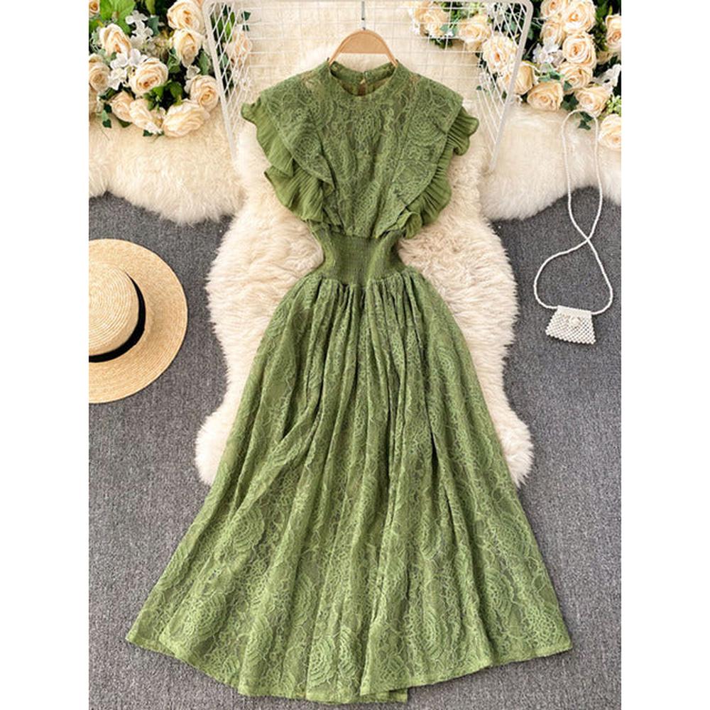 Temperament Olive Lace Ruffled Pleated Hem Flying Sleeve Dress AR1002 shopify