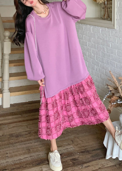 Purple Dress Spring Plaid O-Neck Loose Maxi FashionChic