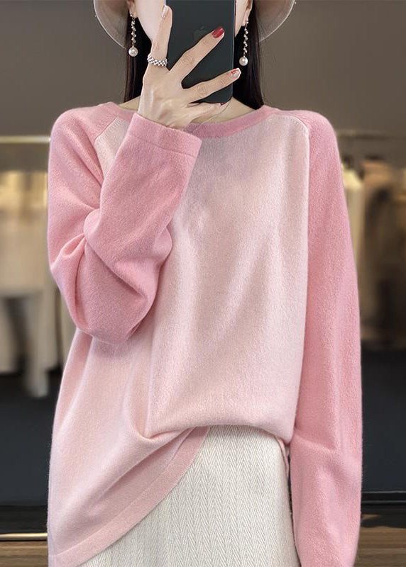 Cute Pink O-Neck Patchwork Wool Knit Sweaters Top Fall QP011 OL-NTP241001