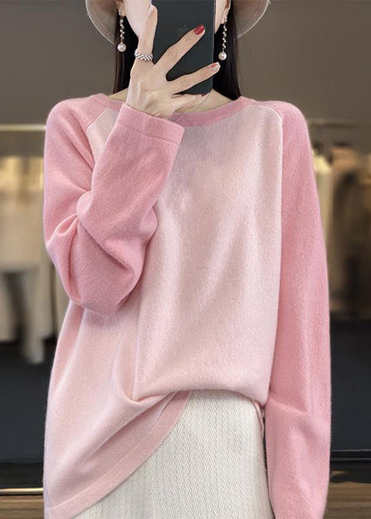 Cute Pink O-Neck Patchwork Wool Knit Sweaters Top Fall QP011 OL-NTP241001