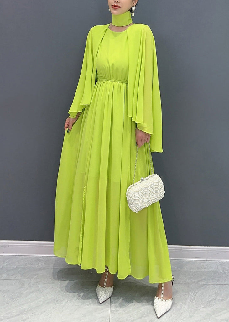 Fitted Green Shawl Collar Patchwork Vacation Maxi Dresses Flare Sleeve AO1031 JDML-FDL240909