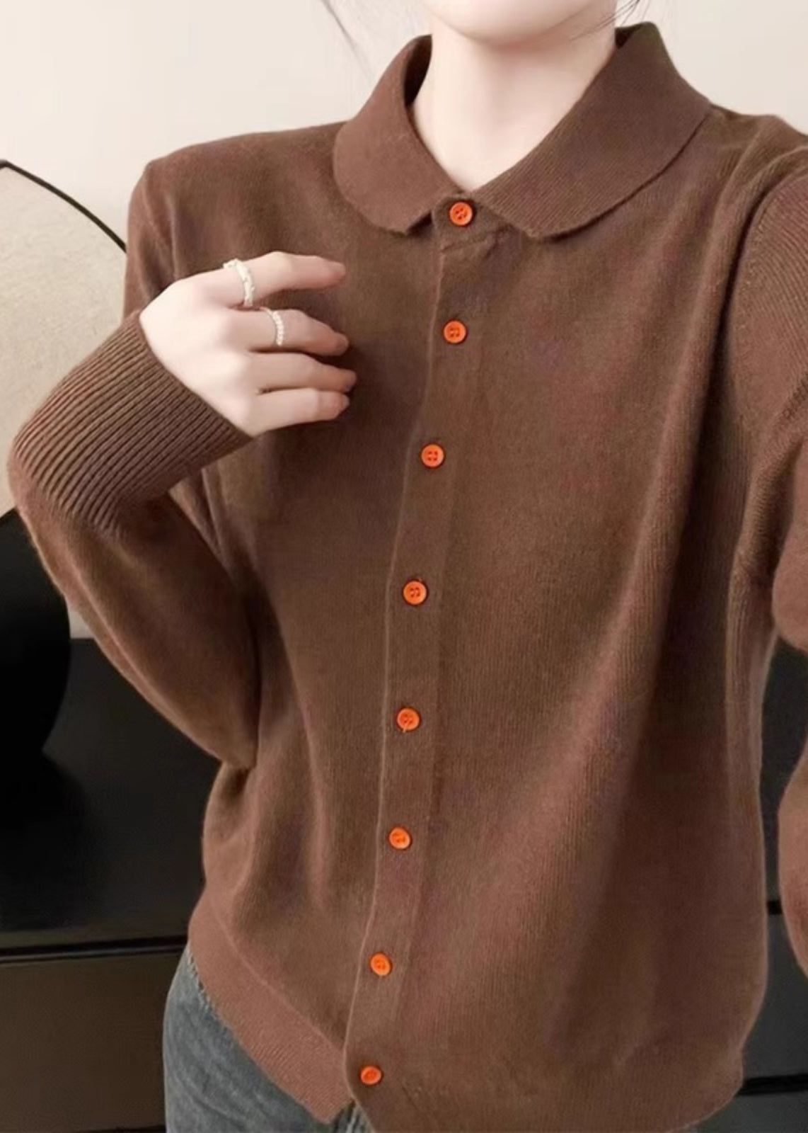 Handmade White Peter Pan Collar Pockets Solid Cotton Knitted Cardigans Fall QP009 OL-NCT241001