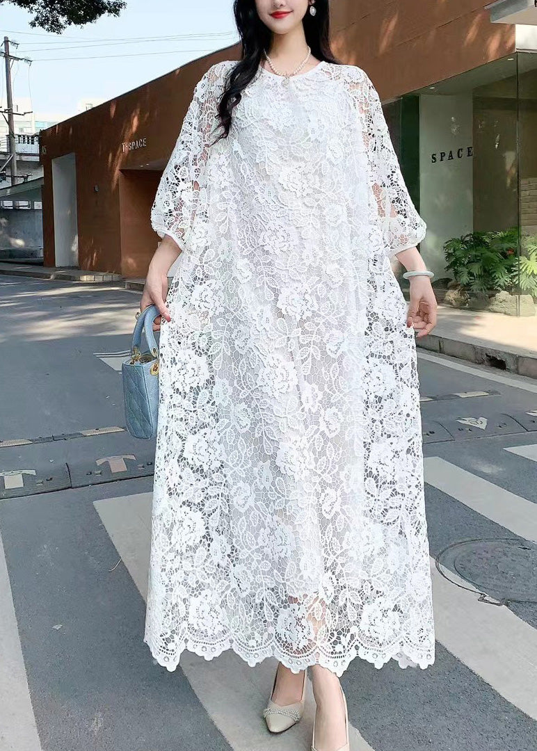 Beautiful Rose O Neck Hollow Out Embroidered Lace Dresses Summer AZ1012 shopify