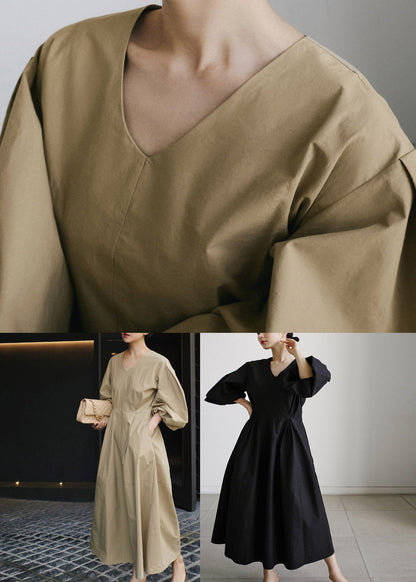 Lantern Cotton Vacation Dress Wrinkled Sleeve Black Pockets FashionChic