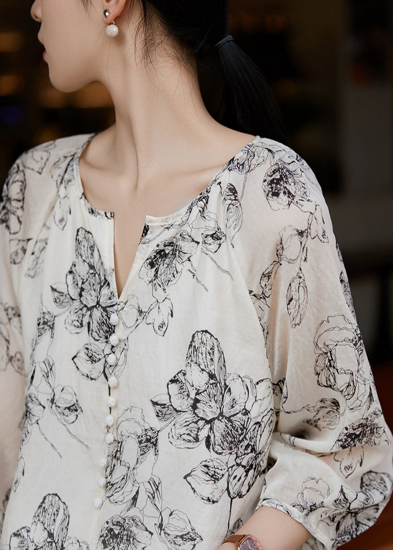 White Boho Oversized Shirts Sleeve Bracelet Cotton Print FashionChic