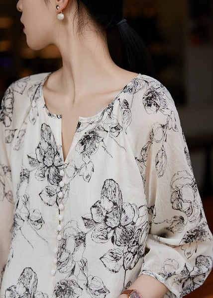 White Boho Oversized Shirts Sleeve Bracelet Cotton Print FashionChic