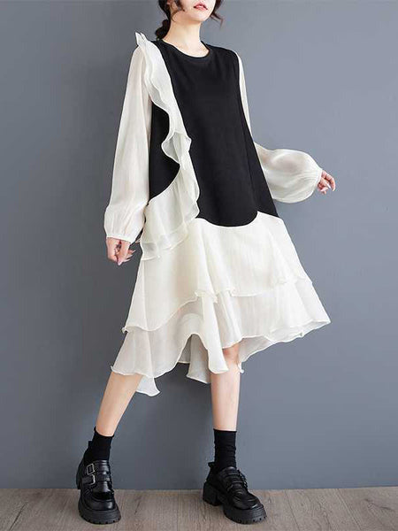 Chic Black Round-Neck Patchwork Contrast Color Ruffle Trim High-Low Long Sleeve Dress TW019 ABC