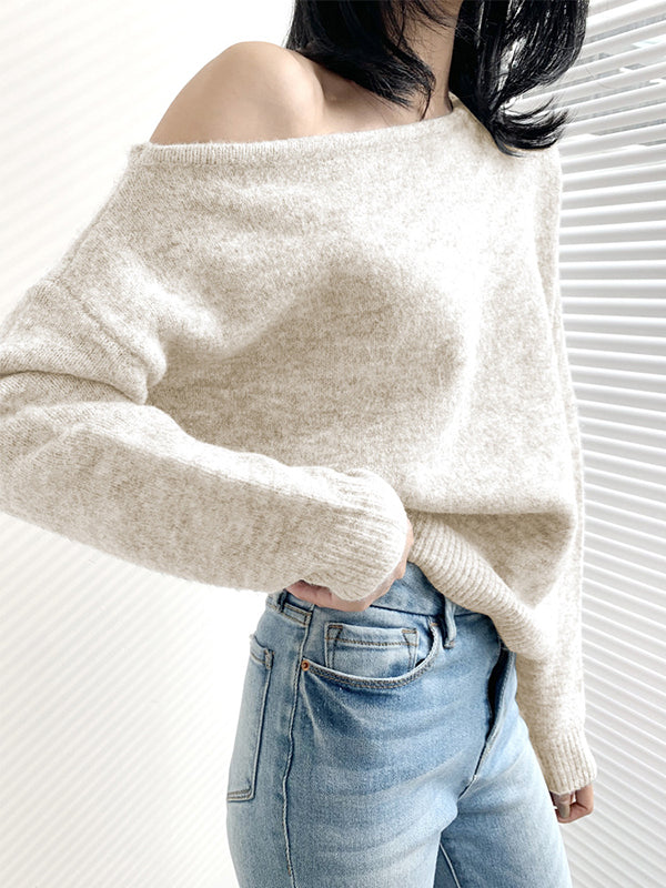 Casual White Off-The-Shoulder Long Sleeves Asymmetric Hem Sweater QX007 shopify