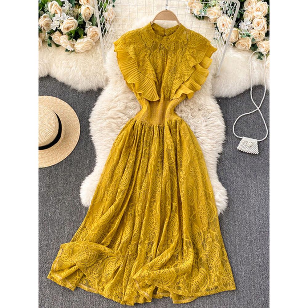 Temperament Olive Lace Ruffled Pleated Hem Flying Sleeve Dress AR1002 shopify