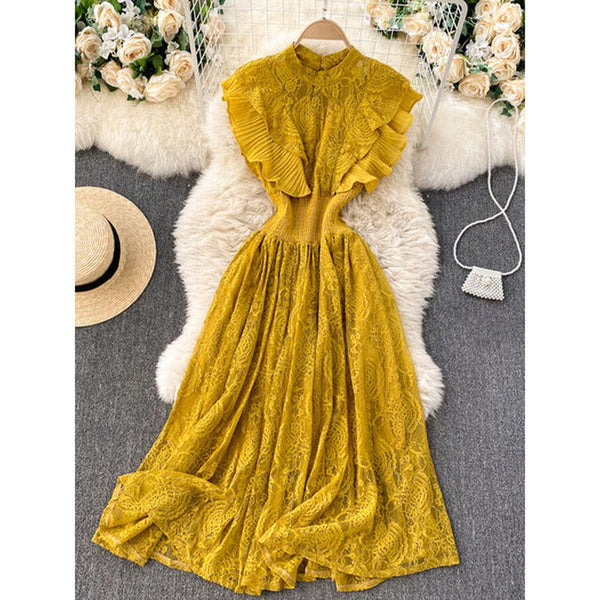Temperament Olive Lace Ruffled Pleated Hem Flying Sleeve Dress AR1002 shopify