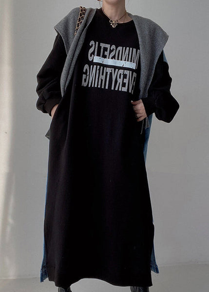 Patchwork Long Dresses Denim Oversized Natural Spring Black FashionChic