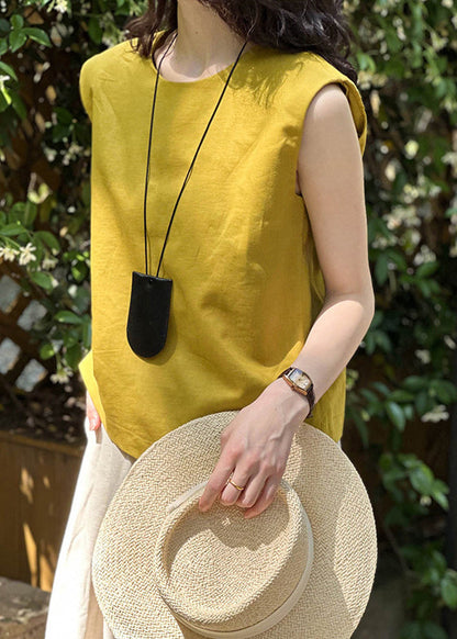 Simple Yellow O Neck Solid Linen Top Sleeveless AF1016 HS-STP240914