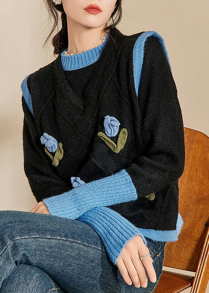 Casual Blue O-Neck Patchwork Cotton Knit Sweaters Winter WV005 ABC