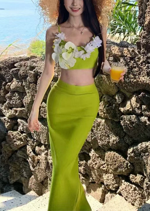 Chic Green Tank Cotton Floral Skirts And Side Set Two-Piece Open FashionChic