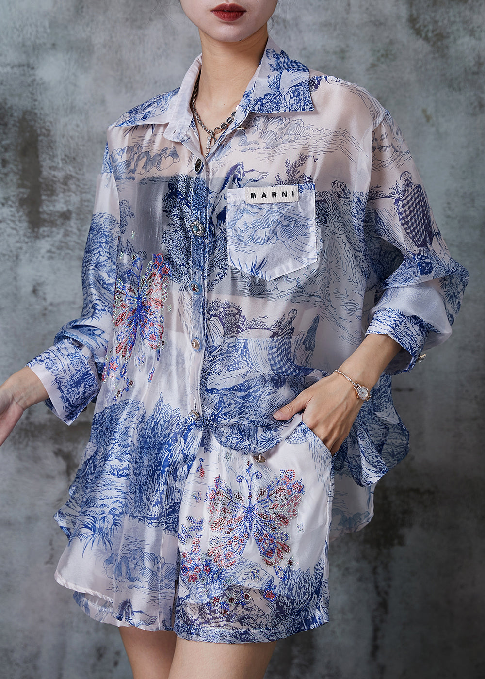 Casual Blue Oversized Print Silk UPF 50+ Two Pieces Set Summer PZGY-TPIEC240826