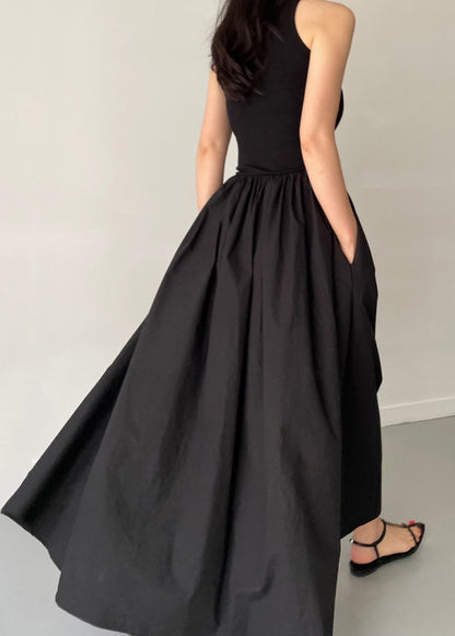 Patchwork Cotton Large Exra Party Hem Dress Sleeveless Black FashionChic