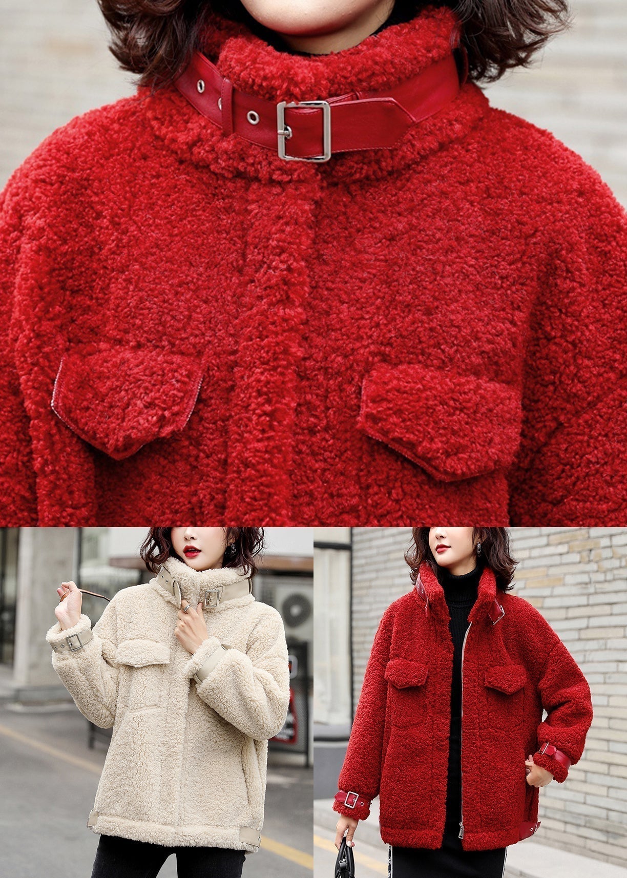 Loose Red Zippered Solid Patchwork Teddy Faux Fur Coat Winter RY001 ABC