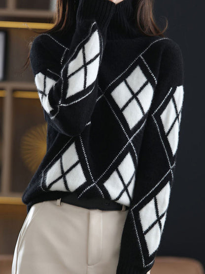 Casual Red High-Neck Contrast Color Plaid Long Sleeves Sweater QX014 shopify