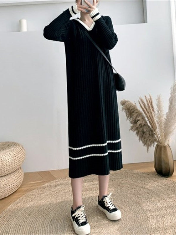 Urban Coffee Hooded V-Neck Long Sleeve Striped Knit Dress AN1051 Genistyle Shop