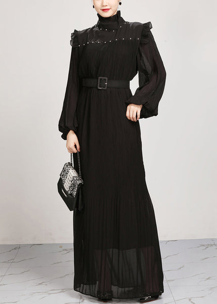 French Black Ruffled Solid Chiffon Maxi Dresses Fall AR1038 JDML-240823