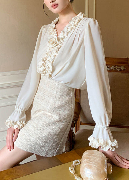 Apricot Art Shirt Petal Chiffon Solid Sleeve Ruffled FashionChic