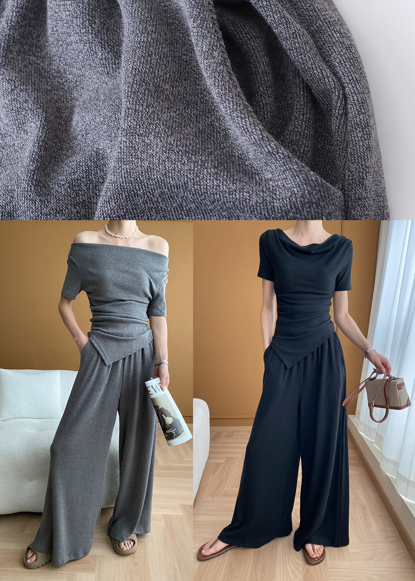 Italian Grey Cold Shoulder Asymmetrical Knit Two Pieces Set Summer WD002 HS-TPIEC241103