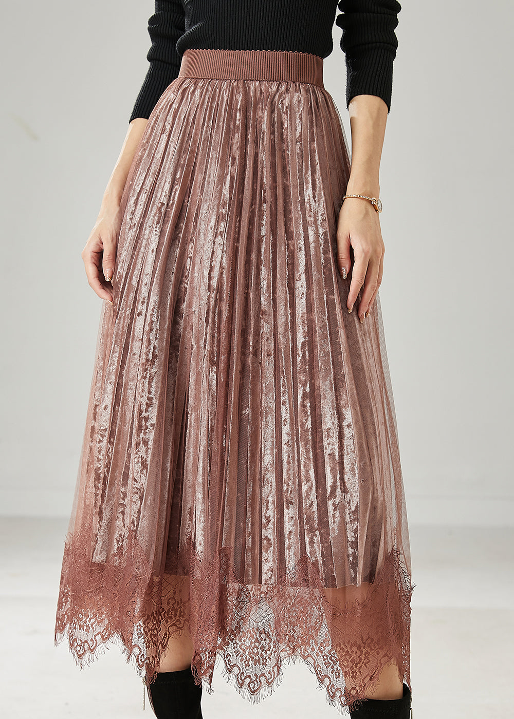 Modern Brown Patchwork Lace Silk Velvet Pleated Skirts Spring AZ1039 shopify