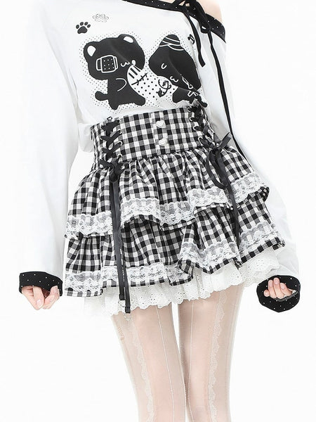 Plaid Daily Skirt Kawaii Tiered Black/Pink/Blue Pattern in with FashionChic