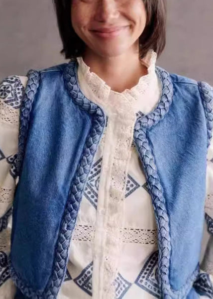 O Bohemian Cotton Filled Blue Fine Denim Vest Neck Sleeveless FashionChic